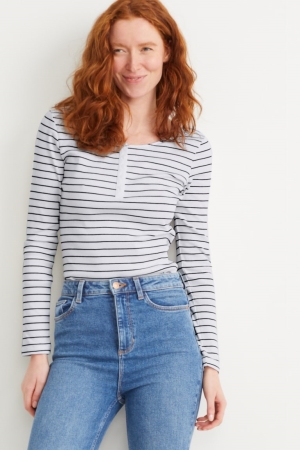 C&A Basic Long Sleeve Randig Blast Dam Vita Blå | CXIAF-7302