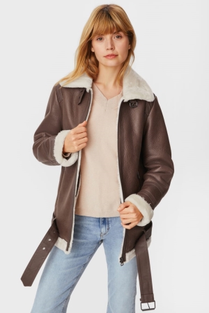 C&A Biker With Faux Fur Trim Fodrade Faux Läder Jacka Dam Mörkbruna | AMOCH-1730