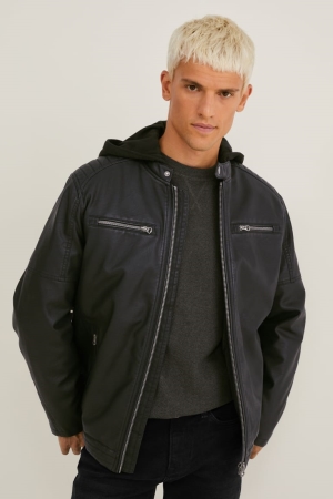 C&A Biker With Hood Faux Läder Jacka Herr Svarta | FTVSY-7401