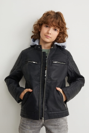 C&A Biker With Hood Faux Läder Jacka Tjej Svarta | PKMNO-6947