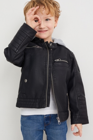 C&A Biker With Hood Faux Läder Jacka Tjej Svarta | ZLBYP-7164