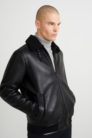 C&A Bomber Faux Läder Jacka Herr Svarta | CXBVR-4081
