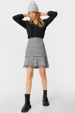 C&A Bouclé Check Kjolar Dam Svarta Vita | RFXND-2671