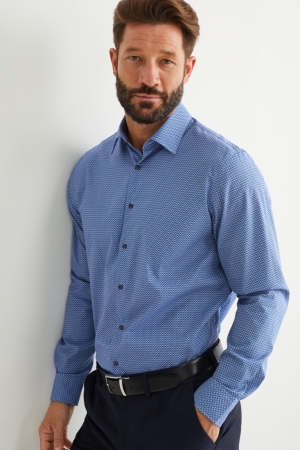C&A Business Regular Fit Kent Collar Easy-iron Patterned Skjorta Herr Mörkblå | PGVEA-0651