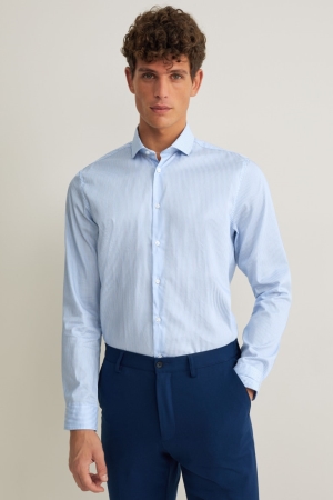 C&A Business Slim Fit Cutaway Collar Easy-iron Randig Skjorta Herr Blå Vita | BXYCT-1240