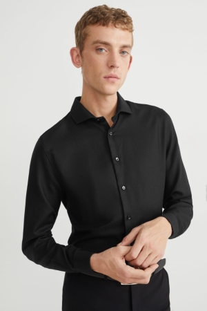 C&A Business Slim Fit Cutaway Collar Easy-iron Skjorta Herr Svarta | HBFLC-0843