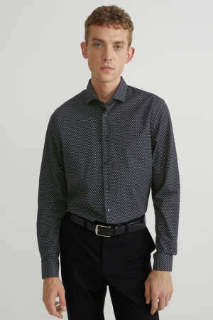 C&A Business Slim Fit Cutaway Collar Easy-iron Patterned Skjorta Herr Svarta | LTCOW-4207