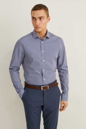 C&A Business Slim Fit Cutaway Collar Easy-iron Check Skjorta Herr Mörkblå Vita | MHAKV-2056