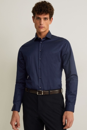 C&A Business Slim Fit Cutaway Collar Easy-iron Skjorta Herr Mörkblå | QUNFD-6218