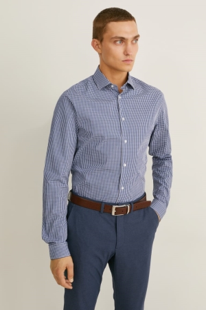 C&A Business Slim Fit Extra-long Sleeve s Easy-iron Skjorta Herr Mörkblå Vita | PODKE-6539