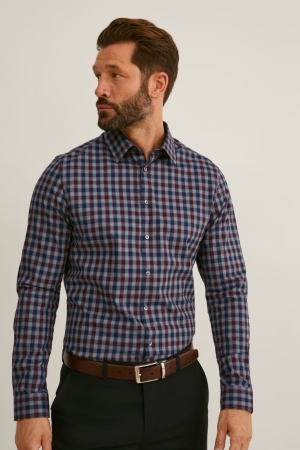 C&A Business Slim Fit Kent Collar Check Skjorta Herr Grå Mörkröda | GLHRK-9521
