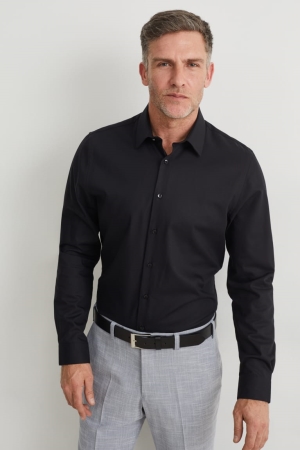 C&A Business Slim Fit Kent Collar Easy-iron Skjorta Herr Svarta | LJOKY-0349