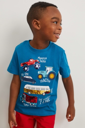 C&A Car Sleeve In-conversion Bomull Shiny T-shirt Pojke Blå | XAHER-9536