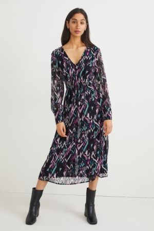 C&A Chiffon Patterned Klänning Dam Svarta | YTHUG-2304