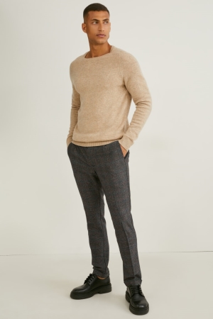 C&A Chinos Tapered Fit Flex 4 Way Stretch Check Långbyxor Herr Grå Bruna | GCIJP-3295