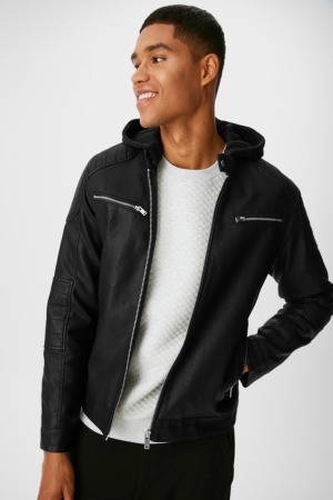 C&A Clockhouse Biker Faux Läder 2-in-1 Look Jacka Herr Svarta | FXLTQ-5139