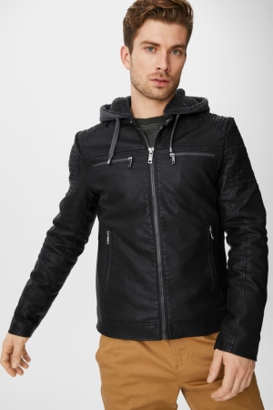 C&A Clockhouse Biker With Hood Faux Läder Jacka Herr Svarta | UOLSX-5948