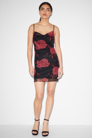 C&A Clockhouse Bodycon Floral Klänning Dam Svarta | OGBED-4709