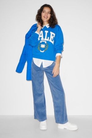 C&A Clockhouse Corduroy High Midja Breda Leg Långbyxor Dam Blå | FHCAL-1378