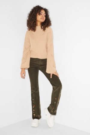 C&A Clockhouse Corduroy High Midja Flared Floral Långbyxor Dam Gröna | OKSNP-7056
