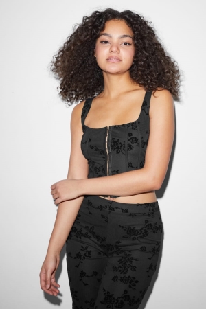 C&A Clockhouse Cropped Floral Blast Dam Svarta | AWMTQ-2519