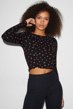 C&A Clockhouse Cropped Long Sleeve Floral Blast Dam Svarta | ELJRM-5078
