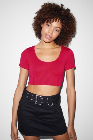 C&A Clockhouse Cropped T-shirt Dam Rosa | KFUDB-7193