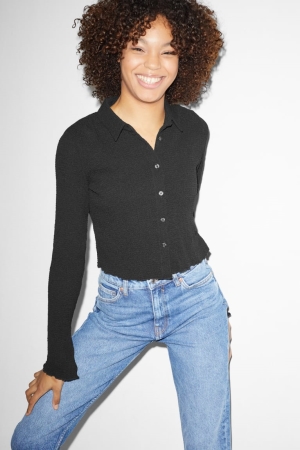C&A Clockhouse Cropped With Recycled Polyester Blusar Dam Svarta | TWNSL-6872
