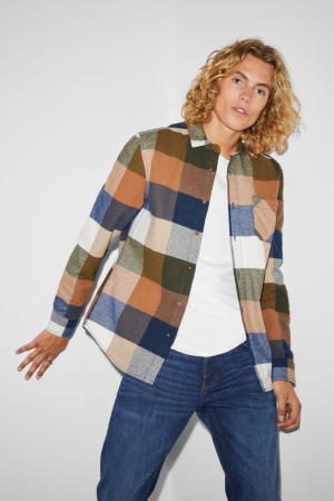C&A Clockhouse Flannel Regular Fit Kent Collar Check Skjorta Herr Bruna Blå | UCOKN-7824