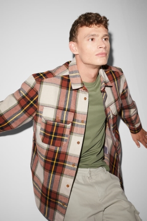 C&A Clockhouse Flannel Relaxed Fit Kent Collar Check Skjorta Herr Bruna Beige | FXSMJ-5761
