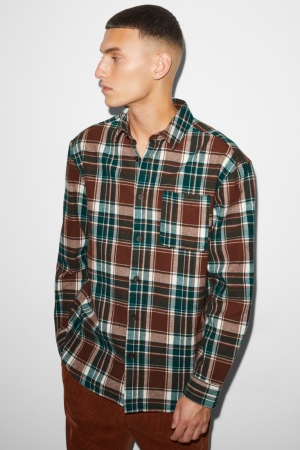 C&A Clockhouse Flannel Relaxed Fit Kent Collar Check Skjorta Herr Bruna Mörkgröna | JFBRV-3684