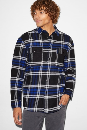 C&A Clockhouse Flannel Relaxed Fit Kent Collar Check Skjorta Herr Blå Svarta | YHNRE-3958