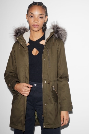 C&A Clockhouse Parka With Hood And Faux Fur Trim Vinter Jacka Dam Mörkgröna | HJUZS-5680