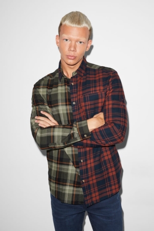 C&A Clockhouse Regular Fit Kent Collar Check Skjorta Herr Bruna Mörkgröna | GOCDZ-2096