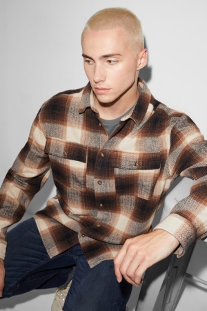 C&A Clockhouse Relaxed Fit Kent Collar Check Skjorta Herr Bruna | MLPTA-9478