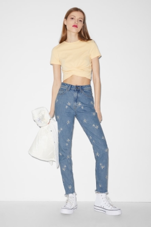 C&A Clockhouse Slim High Midja Floral Jeans Dam Blå Ljusblå | YFLCK-4876