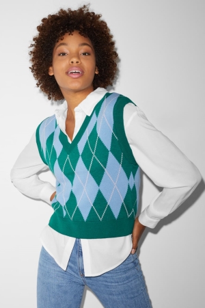 C&A Clockhouse Slipover Check Hoodie Dam Gröna | GTANP-3206