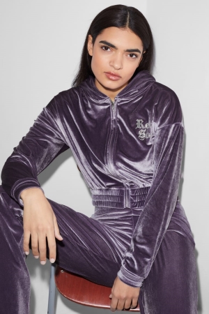 C&A Clockhouse Velvet Cropped Hoodie Dam Lila | JTCEF-0857