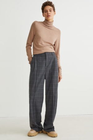 C&A Cloth High-rise Midja Breda Leg Check Långbyxor Dam Mörkgrå | IHBAZ-8724