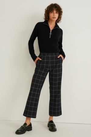 C&A Cloth Mid-rise Midja Breda Leg Check Långbyxor Dam Svarta | KLWTO-5943