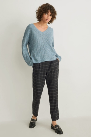 C&A Cloth Mid-rise Midja Check Långbyxor Dam Svarta | BJRIU-8793