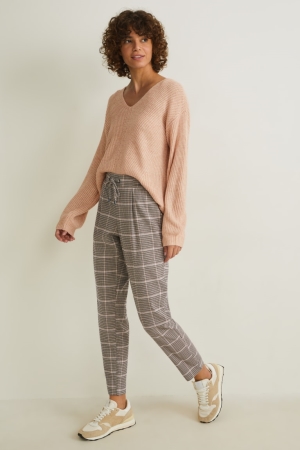 C&A Cloth Mid-rise Midja Check Långbyxor Dam Grå Beige | CMEWP-4387