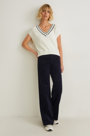 C&A Corduroy High Midja Breda Flare Långbyxor Dam Mörkblå | KNSBT-3710