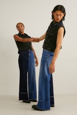 C&A E.L.V. Denim Breda Leg High Midja Genderneutral Recycled Jeans Herr Blå Mörkblå | TLVQD-6703