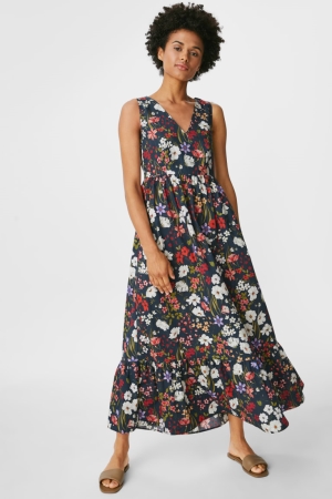 C&A Fit & Flare Floral Klänning Dam Mörkblå | GTLWV-2650