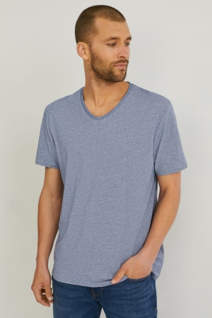 C&A Flex Organic Bomull Lycra®- Randig T-shirt Herr Blå | VYAIT-7189