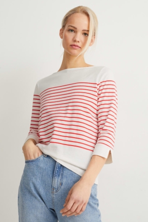 C&A Long Sleeve Randig Blast Dam Vita Röda | YBLTS-7132