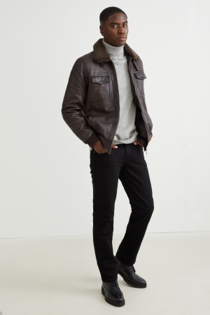 C&A Läder With Faux Fur Trim Jacka Herr Mörkbruna | ZPNMF-5261