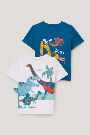 C&A Multipack Of 2 Dinosaur And Digger Sleeve T-shirt Pojke Blå Vita | MIHFP-3042