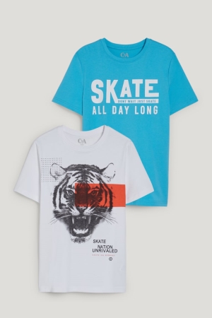 C&A Multipack Of 2 Sleeve With In-conversion Bomull T-shirt Pojke Vita Ljusblå | JGXLD-5024